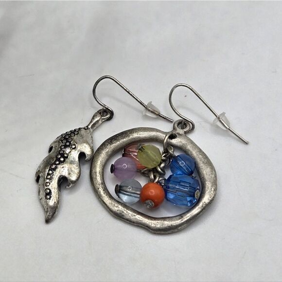 "5/$25" Mismatched Pewter Finish Feather/Multicolored Bead Dangle Earrings - Picture 2 of 8
